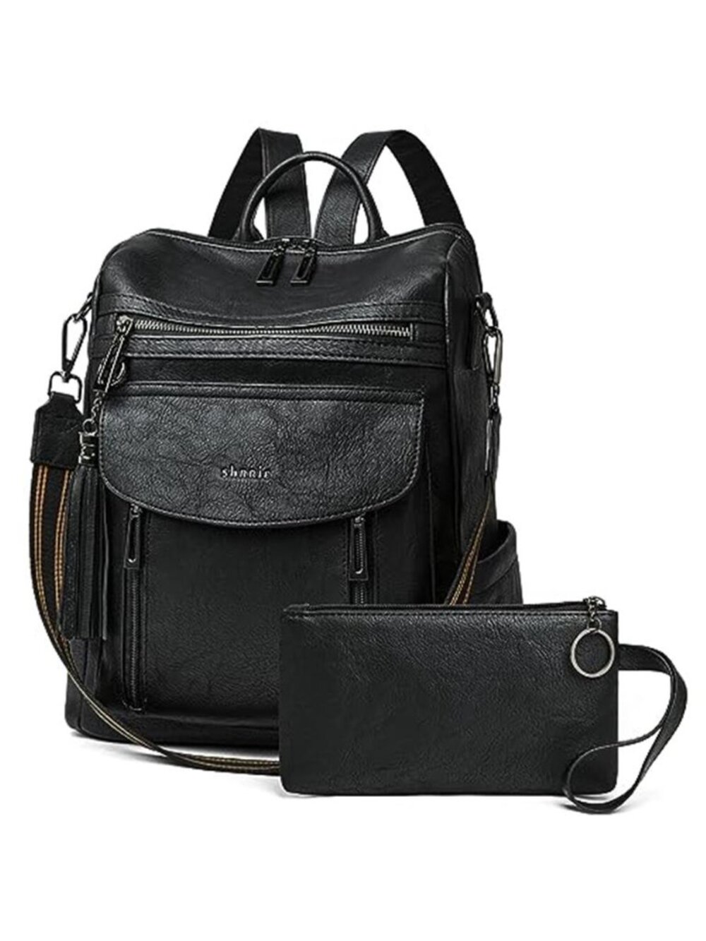 Black Faux Leather Backpack Purse Women Convertible Shoulder Bag Wristlet